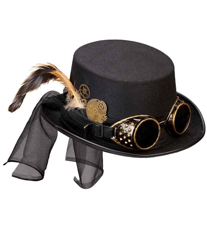 Steampunk hoge hoed zwart met stofbril