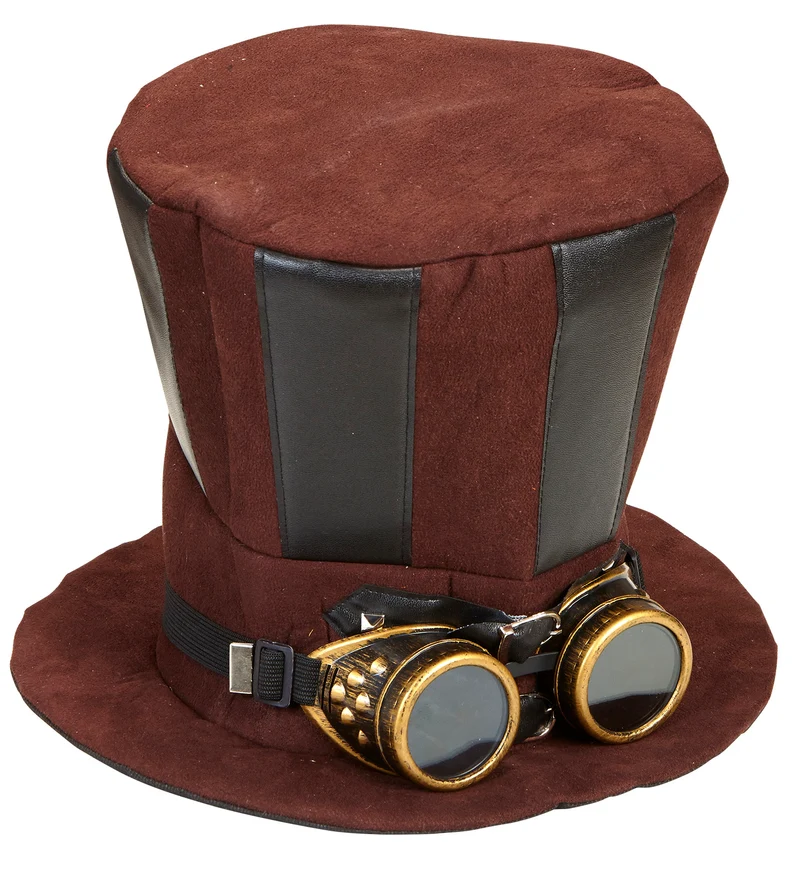 Extra hoge hoed steampunk bruin met stofbril