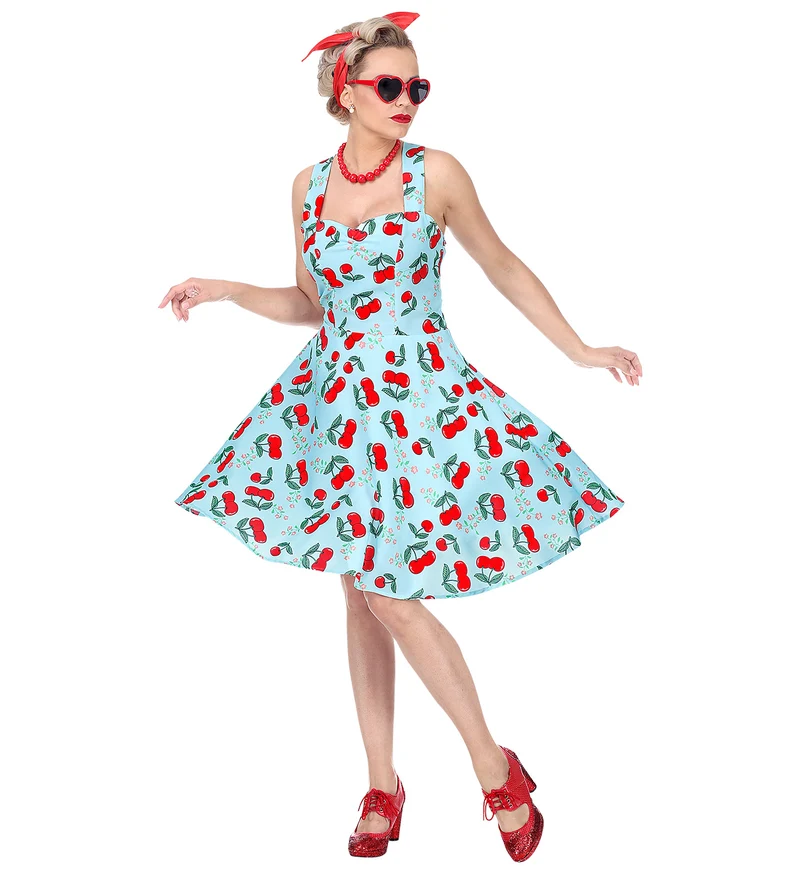 Jaren 50 jurk Cherry licht blauw