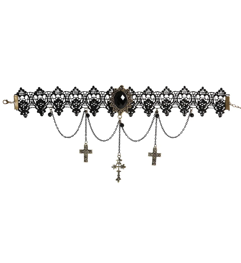 Mooie zwarte halsband met parels en kruizen