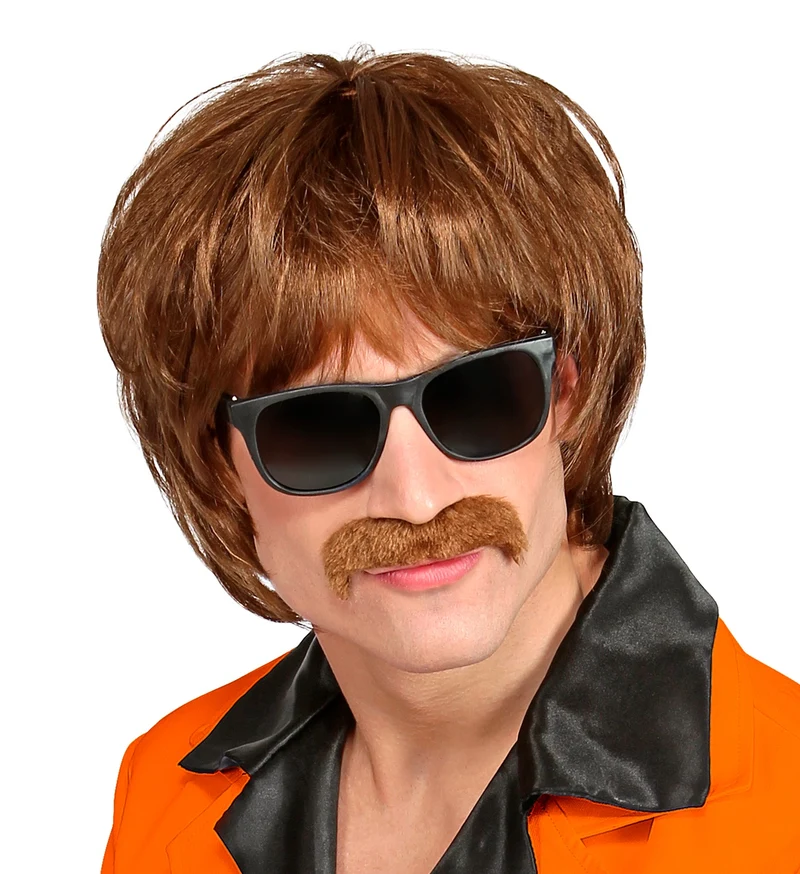 Jaren 60 pruik met snor bruin