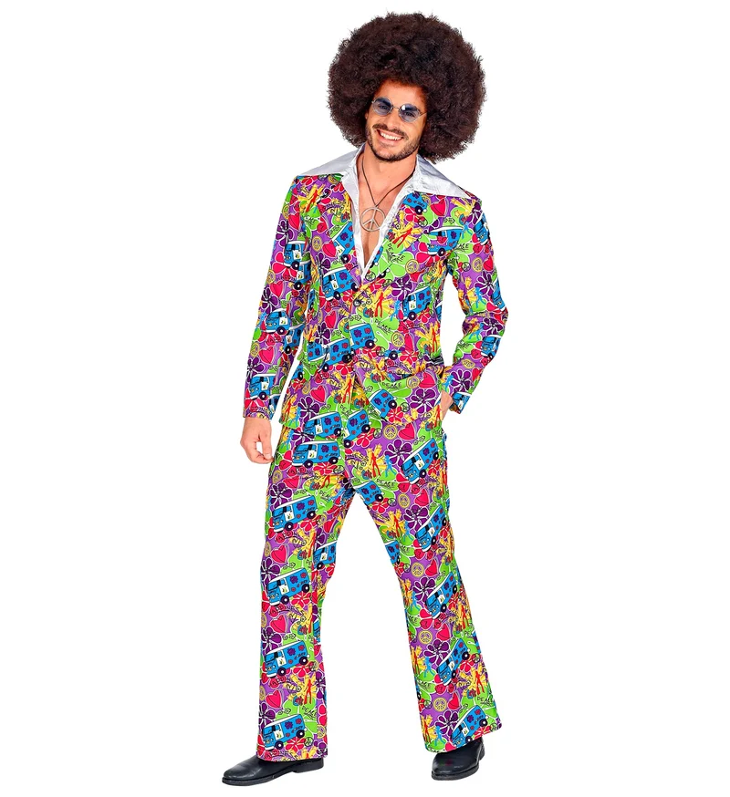 Hippie pak jaren 70 multicolor met jas en broek