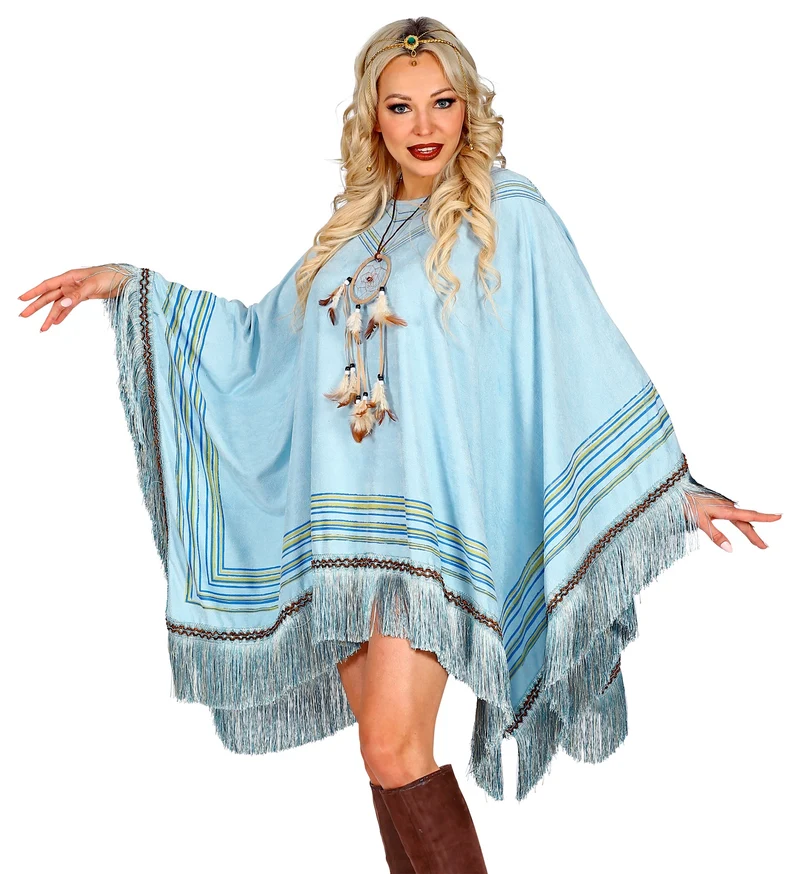Suede poncho in hemelsblauw met print unisex